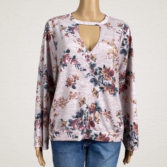 Gypsies & Moondust Floral Cutout V Neck Sweatshirt Top Large Unfinish Roll Cuff - Picture 1 of 7